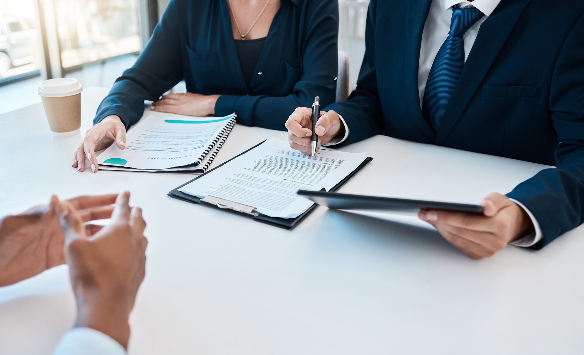 Business people, legal team and contract sign meeting, lawyer consulting and documents planning in